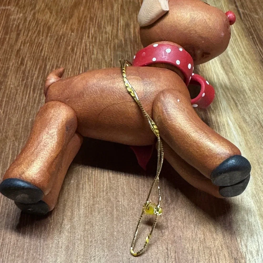 Handmade Clay Reindeer Christmas Ornament Red Nose Polka Dot Bow Jingle Bell 3in